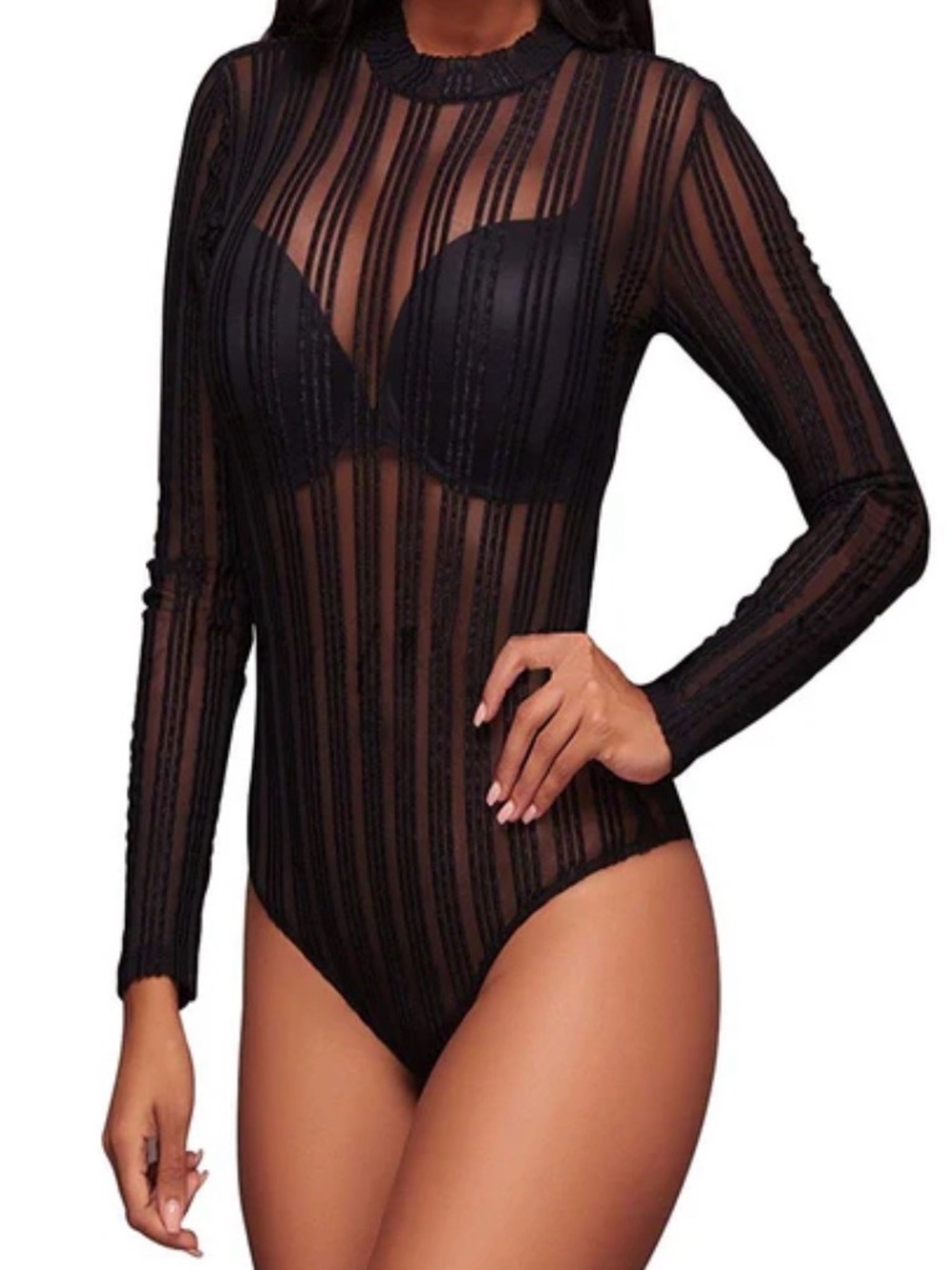 Sheer Long Sleeve Black Bodysuit - Classic Women's Top Sz M.  293